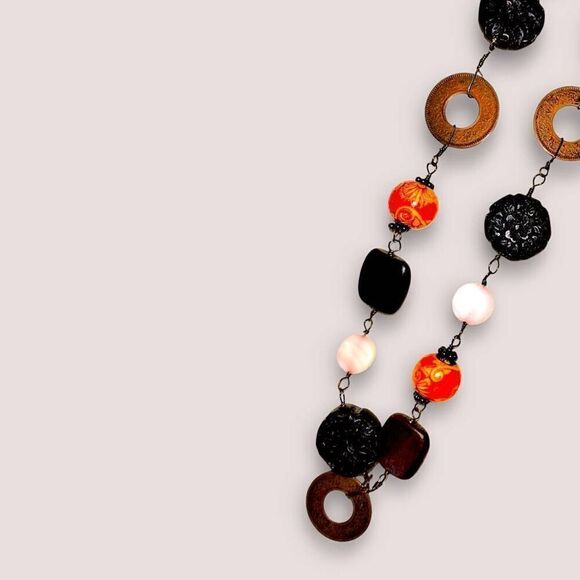 Hand Crafted Necklace Wood Shell Metal Wired Necklace Sterling Silver Clasp Long - Picture 4 of 7